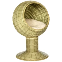PawHut Elevated Cat Bed with Rotatable Egg Chair Pod, Cat Basket Bed with Thick Cushion, Natural Mat Grass Woven Kitty House, Yellow(m-1)