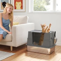 PawHut XL Stainless Steel Litter Box w/ 100° Flip Top, Scoop, Top & Side Entry Enclosed Litter Box for Big Cats(m-10)