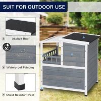 PawHut 2-Story Wooden Cat House Feral Cat Shelter with Transparent PVC Canopy, Balcony, Escape Door and Openable Weatherproof Roof for Outdoor, Grey(m-4)