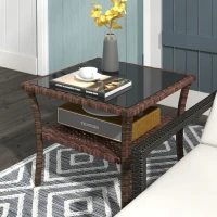 Outsunny Outdoor Wicker Coffee Table, Rattan Patio Furniture with 2-Tier Storage Shelf , Steel Frame Square, Side Table with Tempered Glass Top, Brown(m-2)