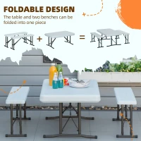Outsunny 40" Folding Picnic Table Set, 2 Benches, 3-Piece Outdoor German Style Biergarten Foldable Beer Table, Lightweight Plastic, White(m-4)