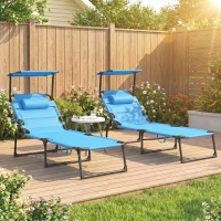 Outsunny 2 Pcs Outdoor Lounge Chair, 4 Position Adjustable Backrest, Folding, Cushioned w/ Sun Shade Roof & Pillow, Blue(m-2)
