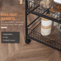 HOMCOM 3 Tier Kitchen Cart with Storage, Rolling Kitchen Island Cart with 2 Sliding Fruit Basket and Side Hooks for Dining Room, Rustic Brown(m-6)