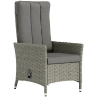 Outsunny Wicker Outdoor Recliner Chair, Wicker Reclining Patio Chair with Adjustable Backrest and Cushion, Grey(m-9)