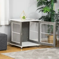 PawHut Wooden Dog Kennel, Furniture End Table with Lockable Door, Small Size Pet Crate Indoor Animal Cage, Grey(m-10)