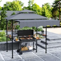 Outsunny 8' x 7.6' Outdoor Grill Gazebo, Barbecue Gazebo Shelter with Side Awning, 2 Side Shelves and 6 Hooks, Dark Gray(m-2)