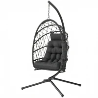 Outsunny Hanging Egg Chair with Stand, Foldable Wicker Rattan Swing Chair with Thick Cushion and Safety Rope, Black(m-2)