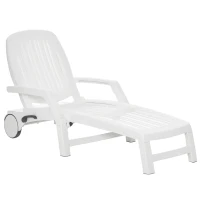 Outsunny Outdoor Chaise Lounge Chair on Wheels with Storage Box, Waterproof Lounger with Quick Assembly, Folding Design, 5 Level Adjustable Backrest for Pool, Beach, Patio, Garden, White(m-1)