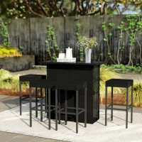 Outsunny 5 Pieces Patio Bar Set, Outdoor PE Rattan Wicker High Top Outdoor Table and Chairs Outdoor Bar Set with Tempered Glass Top Bar Table and Shelves, 4 Bar Chairs, Black(m-8)