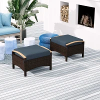 Outsunny 2 Pieces Wicker Outdoor Ottoman with Removable Cushion, Rattan Outdoor Footstool, Footrest and Side Table, Blue(m-1)