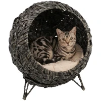 PawHut Rattan Cat Bed, Elevated Handwoven Cat Basket Bed with Soft Cushion and Metal Base(m-11)