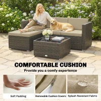 Outsunny 3 Pieces Patio Furniture Set with Cushions, Outdoor PE Rattan Wicker Conversation Corner Sofa Set, Khaki(m-6)