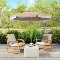 Outsunny 9 ft Patio Umbrella with Push Button Tilt and Crank, Fringed Outdoor Market Table Umbrella Parasol, Khaki(m-8)