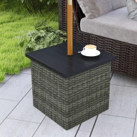 Outsunny Wicker Side Table with 1.5" Umbrella Hole, Square Outdoor End Table with UV-Resistant Frame, Storage Space, Mixed-Gray(m-8)