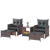 Outsunny 5 Piece Patio Furniture Set, Wicker Patio Chairs with Ottomans, 2-Tier Glass Coffee Table and Cushions, Brown/Dark Grey(m-2)