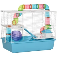 PawHut 3-Tier Large Hamster Cage with Tubes and Tunnels, Portable Carry Handles, Toy-Filled Steel Small Animal House, Includes Exercise Wheel, Water Bottle, Food Dish, 23" x 14" x 18.5", Light Blue(m-1)