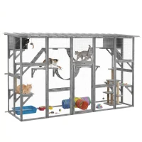 PawHut Catio Playground Cat Window Box Outside Enclosure for Multiple Cats w/ Shelves & Bridges, Gray(m-1)