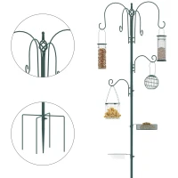 PawHut 6 Hook Feeding Station, Steel Multi-Feeder Kit Stand with 4 Bird Feeders, Mesh Tray, Water Dish and 4-Prong Base, Green(m-12)