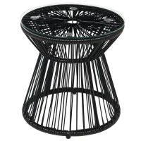 Outsunny Round End Table, Rattan Side Table, Hollow Drum Design Coffee Table w/ Glass Tabletop for Patio, Garden, Balcony, Black(m-9)