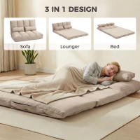 HOMCOM Convertible Floor Sofa Chair, Folding Couch Bed, Guest Chaise Lounge with 2 Pillows, Adjustable Backrest and Headrest, 40.25" L, Beige(m-5)
