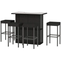Outsunny 5 Pieces Patio Bar Set, Outdoor PE Rattan Wicker High Top Outdoor Table and Chairs Outdoor Bar Set with Tempered Glass Top Bar Table and Shelves, 4 Bar Chairs, Black(m-2)