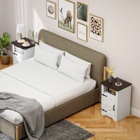 HOMCOM Set of 2 Side Tables, Night Stands with Charging Outlets, White(m-9)