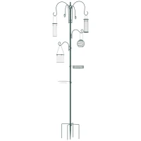 PawHut 6 Hook Feeding Station, Steel Multi-Feeder Kit Stand with 4 Bird Feeders, Mesh Tray, Water Dish and 4-Prong Base, Green(m-1)