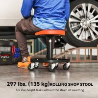 HOMCOM Rolling Garage Stool, 300 LBS Capacity Padded Mechanic Stool with 2.5" Wheels, Adjustable Height 15" -19.7", Orange(m-4)