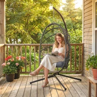 Outsunny Hanging Egg Chair with Stand, Foldable Wicker Rattan Swing Chair with Thick Cushion and Safety Rope, Grey(m-8)