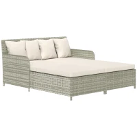 Outsunny Rattan Outdoor Daybed, Sunbed Loveseat with Soft Cushions, 4 Pillows, Curved Backrest & Armrest, Beige(m-9)