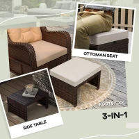 Outsunny 2 Pieces Wicker Outdoor Ottomans with Removable Cushions, Rattan Outdoor Seating, Footrest and Side Table, Khaki(m-4)