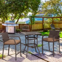 Outsunny 3 PCS Rattan Wicker Bar Set with Wood Grain Top Table and 2 Bar Stools for Outdoor, Patio, Poolside, Garden, Brown(m-2)