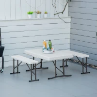Outsunny 40" Folding Picnic Table Set, 2 Benches, 3-Piece Outdoor German Style Biergarten Foldable Beer Table, Lightweight Plastic, White(m-10)