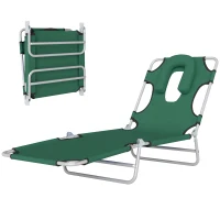 Outsunny Folding Lounge Chair Outdoor, Tanning Chair with Face Hole Arm Slots, Beach Chaise Lounger with Pillow, 5-Position Adjustable Portable Sun Lounger Bed for Pool, Green(m-11)