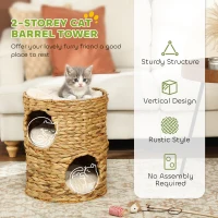 PawHut 2-Storey Cat Condo Barrel, Small Cat Tree Tower with Top Perch and 2 Hideaways, 2 Entrances, 3 Cushions, Light Brown(m-4)