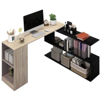 HOMCOM 55" Corner Computer Desk, 360° Rotating L-Shaped Desk, Home Office Workstation with 3-Tier Shelves, Bookshelf(m-9)