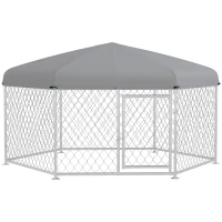 PawHut 6.9' x 6.1' x 4.9' Dog Kennel Outdoor for Medium and Large-Sized Dogs with Waterproof UV Resistant Roof, Silver(m-11)