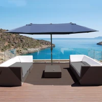 Outsunny 15' Outdoor Patio Umbrella with Twin Canopy Sunshade Steel Table Umbrella w/ Lift Crank, Cross base, Sandbag, Dark Blue(m-7)