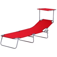 Outsunny Outdoor Lounge Chair, Adjustable Folding Chaise Lounge, Tanning Chair with Sun Shade for Beach, Camping, Hiking, Backyard, Red(m-12)
