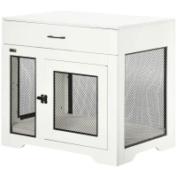 PawHut Dog Crate Furniture with Soft Water-Resistant Cushion, Dog Kennel End Table with Drawer, Puppy Crate for Small Dogs Indoor with 2 Doors, White(m-11)