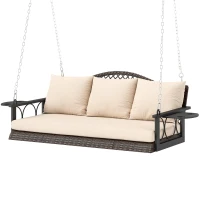 Outsunny 3 Person Wicker Hanging Outdoor Patio Porch Swing Bench with Cup Holders, Cushions, and Chains, Brown(m-1)