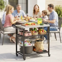 Outsunny Outdoor Grill Cart with Stainless Steel Top, Two-Shelf Pizza Oven Stand, Food Prep Table on Wheels, Black(m-1)