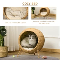 PawHut 20.5" Rattan Cat Bed, Wicker Elevated Round Condo for Comfort and Circulation with Cushion(m-5)