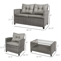 Outsunny 4 Pieces Patio Furniture Sets with Cushions, PE Rattan Wicker Conversation Chairs with Two-Tier Coffee Table for Backyard Porch Garden Poolside and Deck, Gray(m-3)