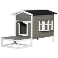 PawHut Wooden Cat House Outdoor with Door, Weatherproof 2-Floor Feral Cat Shelter with Asphalt Roof, Balcony, Dark Gray(m-1)