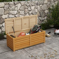 Outsunny 176L Outdoor Storage Box, Wooden Deck Storage Container with 2 Safety Hinges for Balcony, Porch, Poolside, Light Brown(m-1)