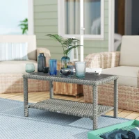 Outsunny 35" Outdoor Wicker Coffee Table with Glass Top, Storage Shelf for Garden Porch Balcony Deck, Dark Grey(m-1)