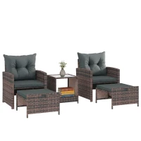 Outsunny 5 Piece Patio Furniture Set, Wicker Patio Chairs with Ottomans, 2-Tier Glass Coffee Table and Cushions, Brown/Dark Grey(m-9)