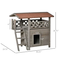 PawHut Wooden Cat House, 2-Floor Feral Cat Shelter, Kitten Condo Outdoor, Small Dog House with Balcony, Stairs, Asphalt Roof, Light Gray(m-13)