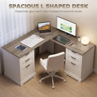 HOMCOM L Shaped Computer Desk with Power Outlets & USB Charging, Corner Desk with 6 Drawers, Hanging Bar, Brown and White(m-4)